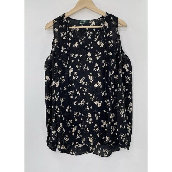 Lauren Ralph Lauren Chalsie Black Floral Print Blouse Cold Shoulder Top Size PL - Picture 3 of 14